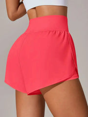 Side view of hot pink wrap-front shorts over fitted lining