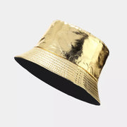 Reflective gold bucket hat shown close-up with stitched brim