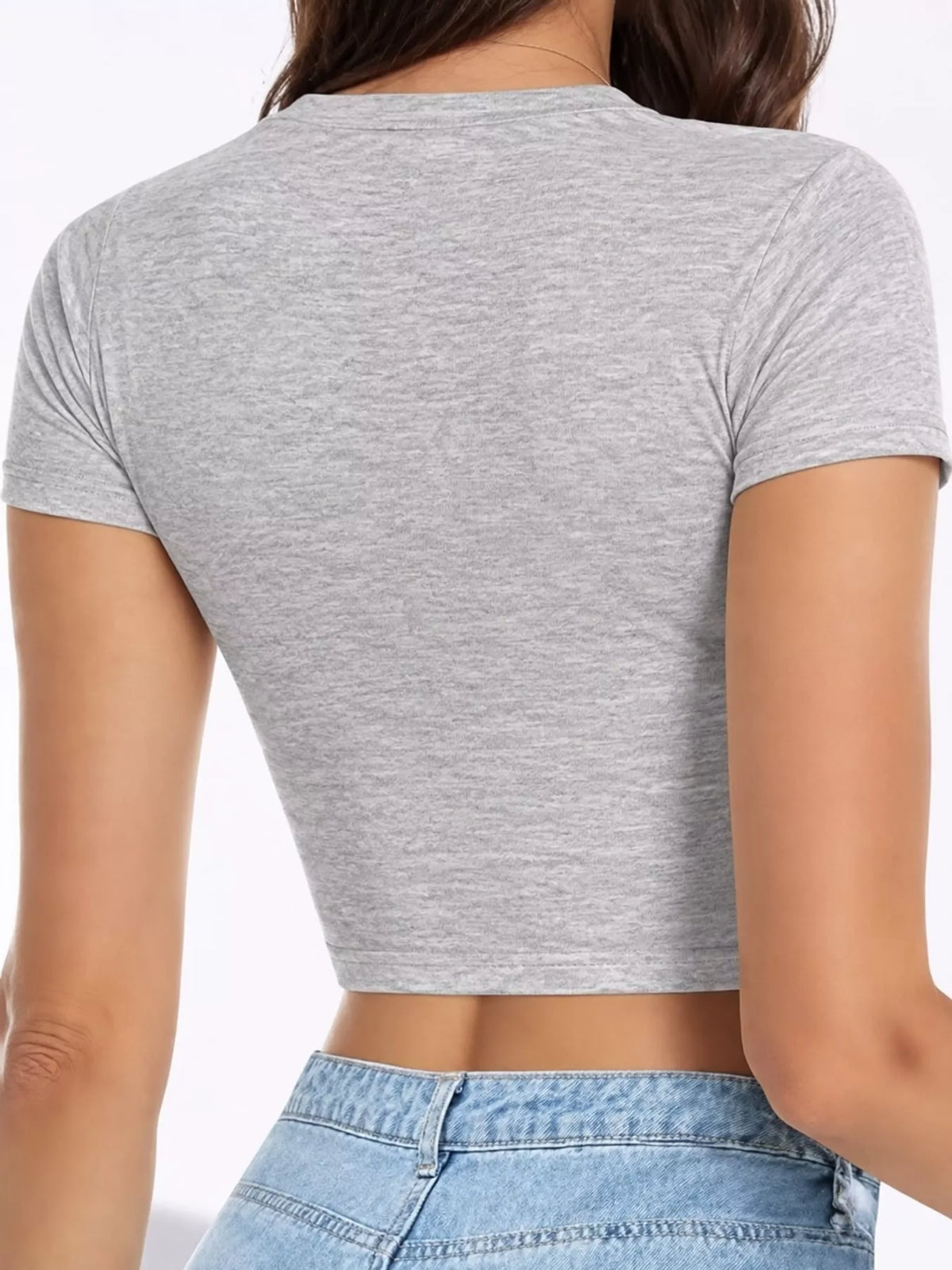 Heather gray short-sleeve cropped crew neck T-shirt, angled front view.
