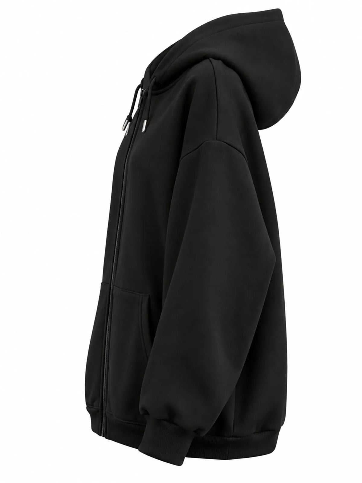 Side view of the black hoodie showing its hood profile and roomy sleeve