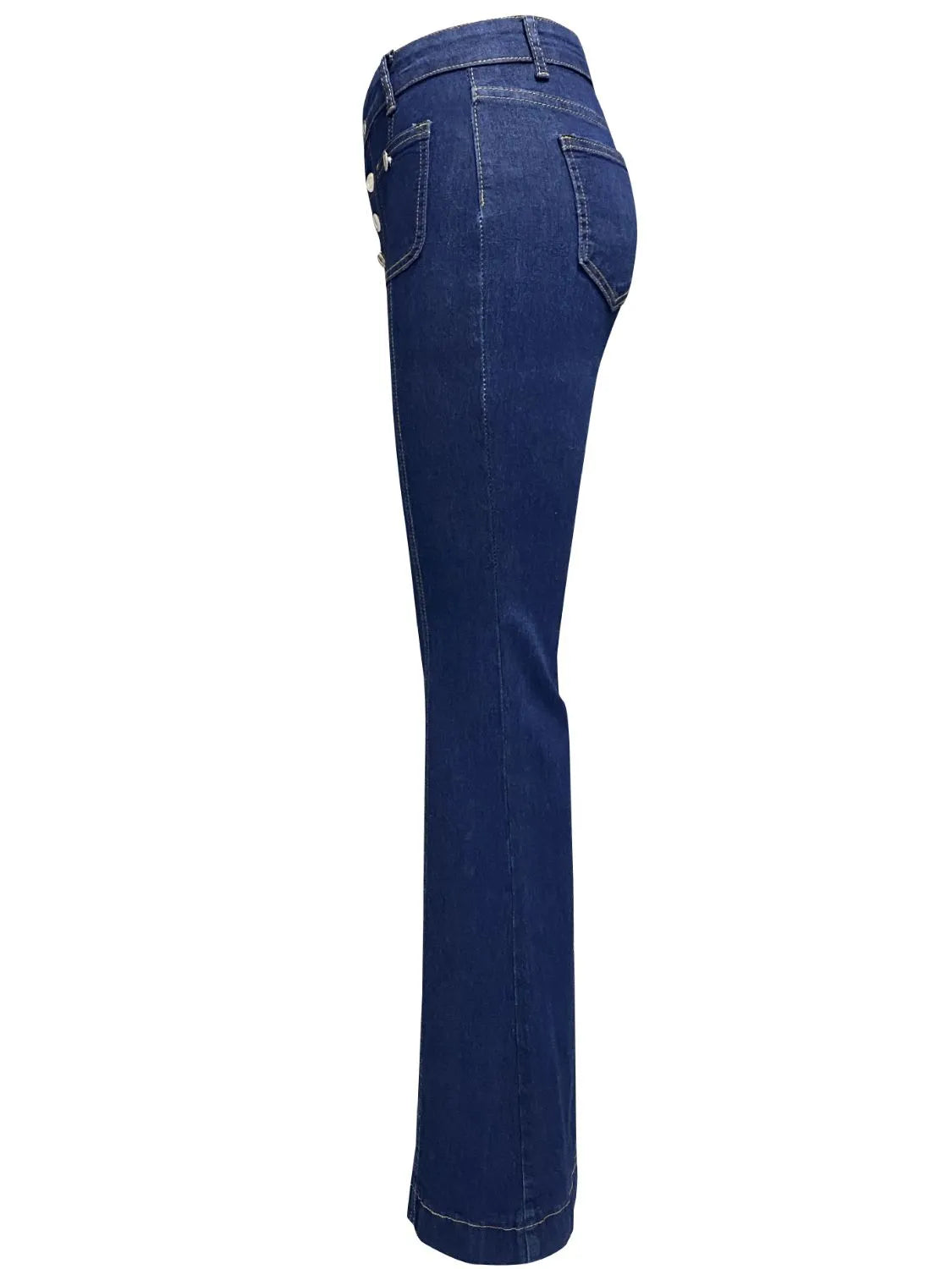 Side profile of dark indigo flare jeans
