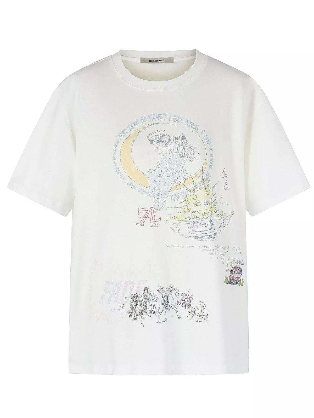 Front view of white T-shirt with large illustrated graphic