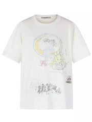 Front view of white T-shirt with large illustrated graphic