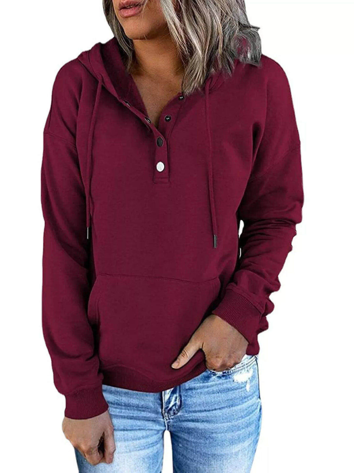 Women’s plus-size kangaroo-pocket drawstring hoodie in wine-red front view