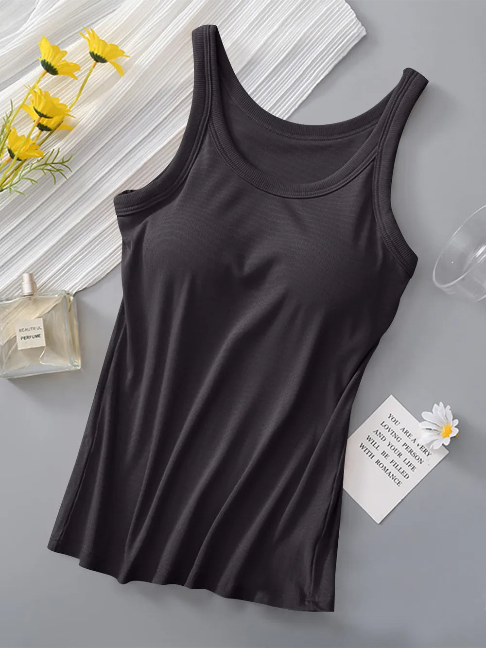 Soft viscose tank top with built-in bra, front view