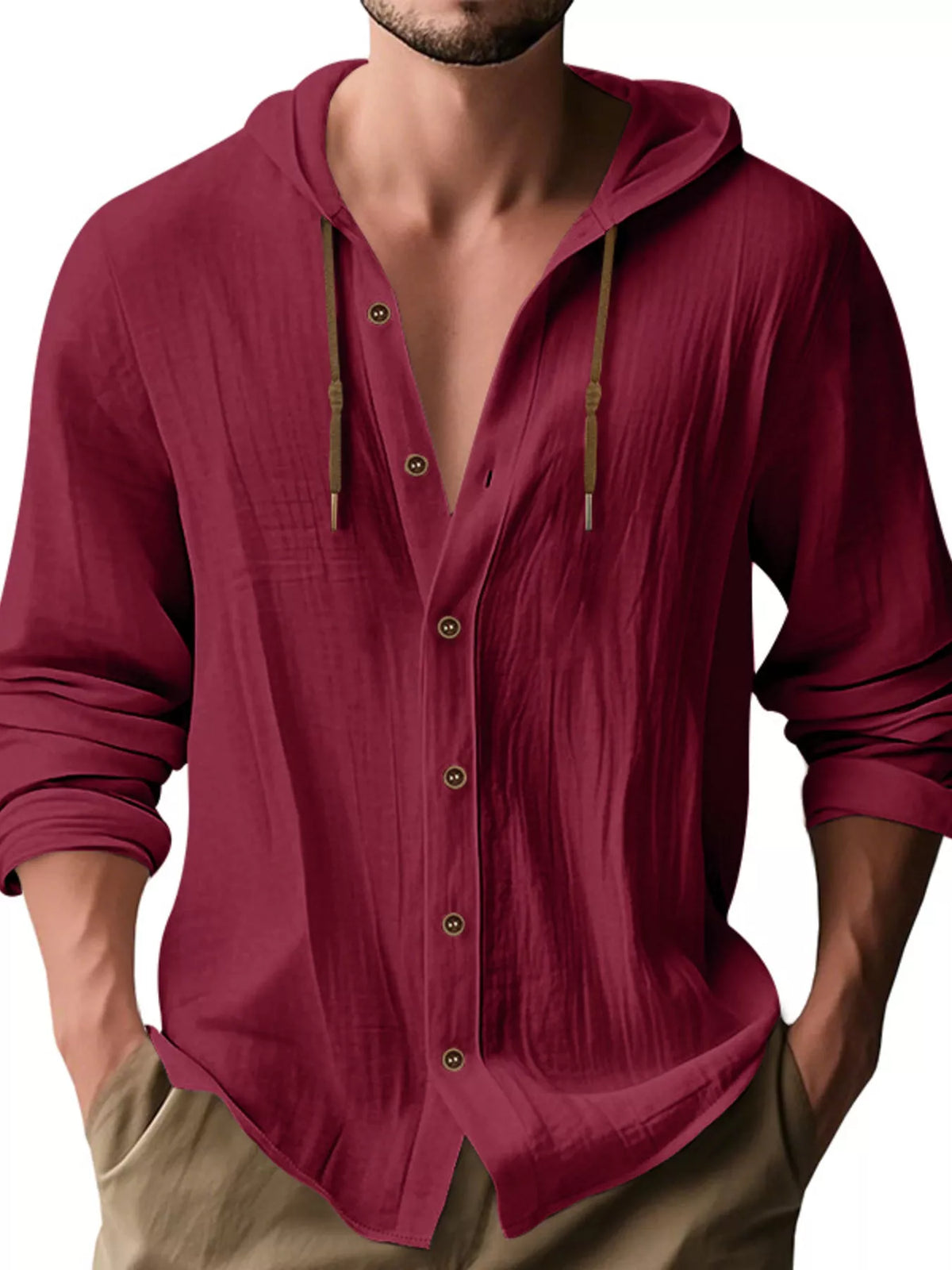 Model wearing burgundy hooded button-up shirt