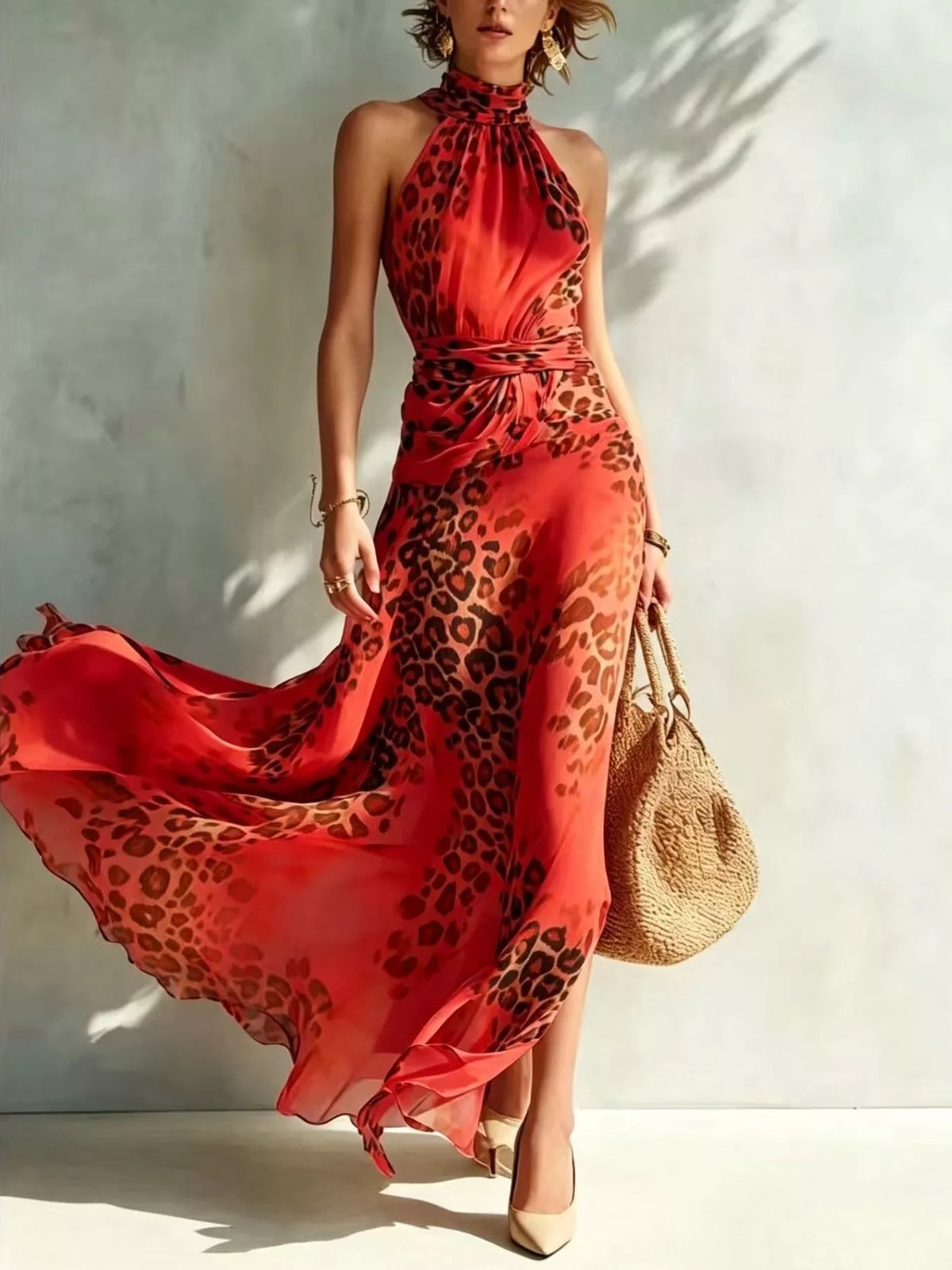 Red leopard-print sleeveless halter maxi dress, full view