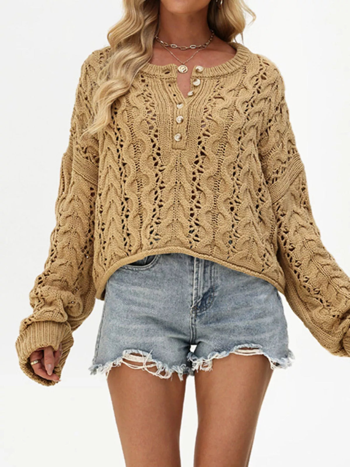 Women’s cable-knit half-button openwork sweater in tan front view