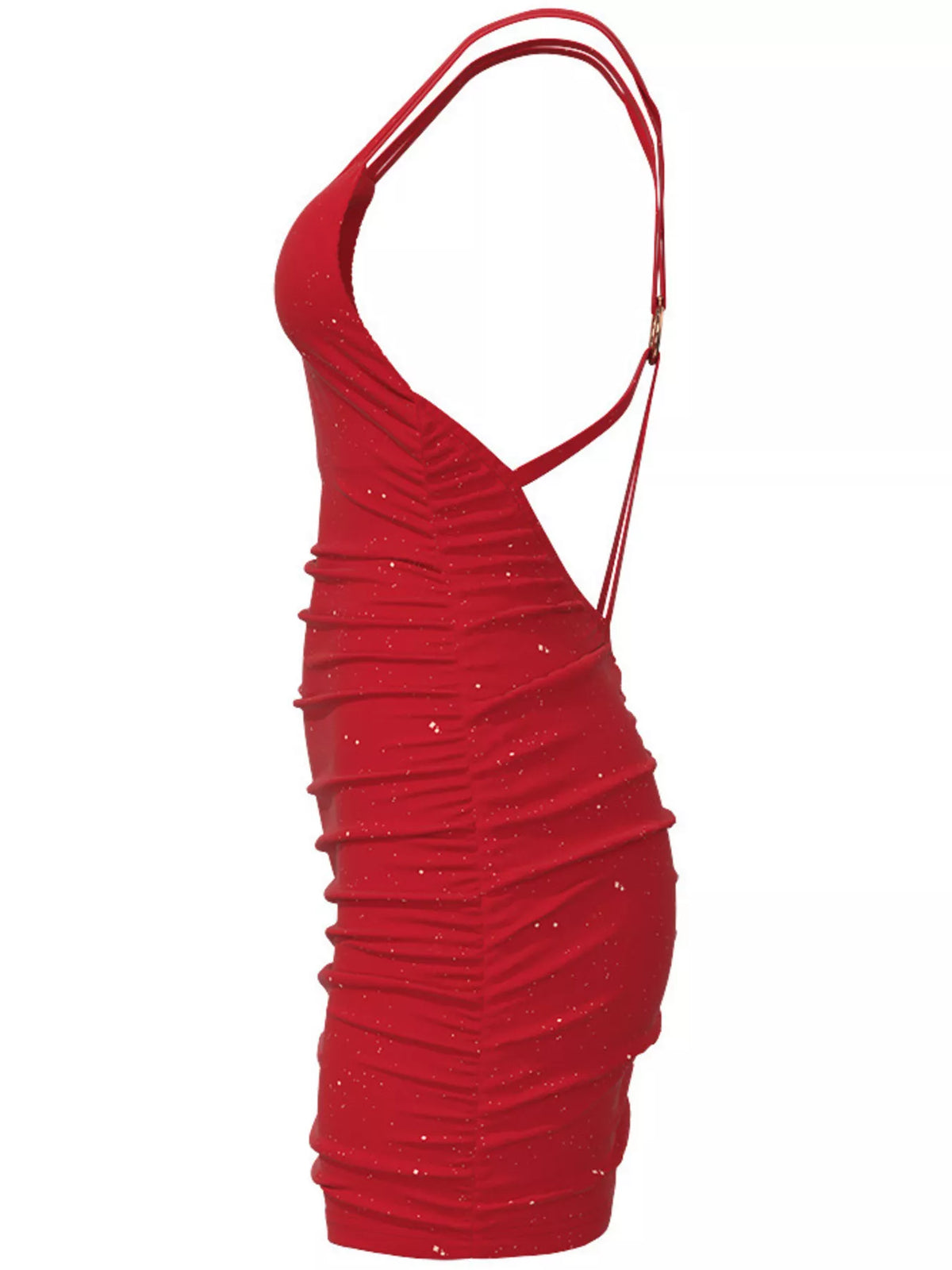 Side view of red ruched dress on hanger