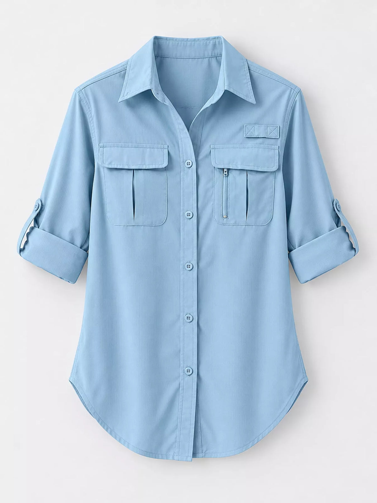 Light blue button-down shirt laid flat with collar, pocket and sleeve details