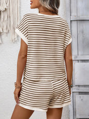 Back view of the beige striped top and matching shorts.