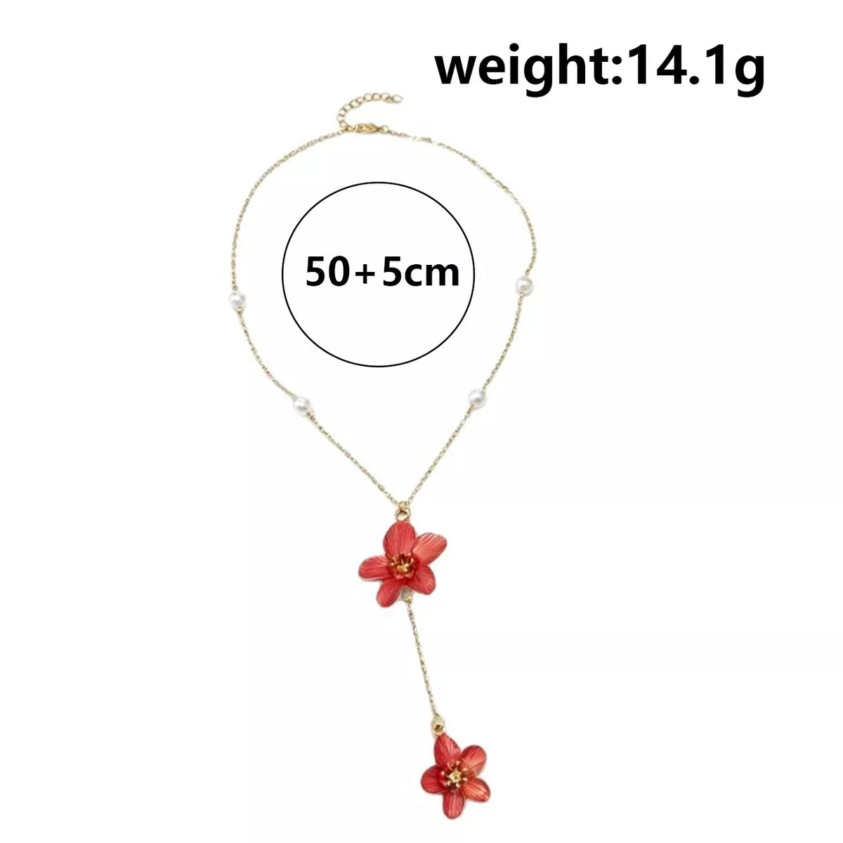 Gold-tone flower pendant necklace with pearl accents and chain length graphic