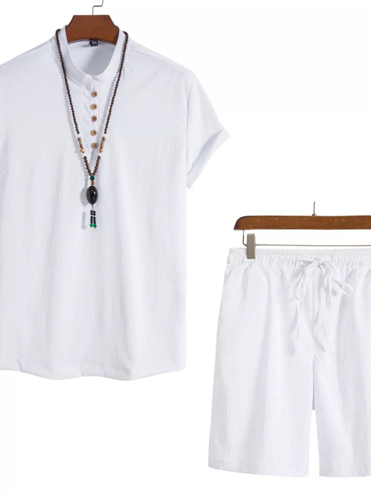 White short-sleeve Mandarin collar shirt and matching drawstring shorts with necklace
