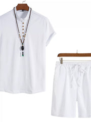 White short-sleeve Mandarin collar shirt and matching drawstring shorts with necklace