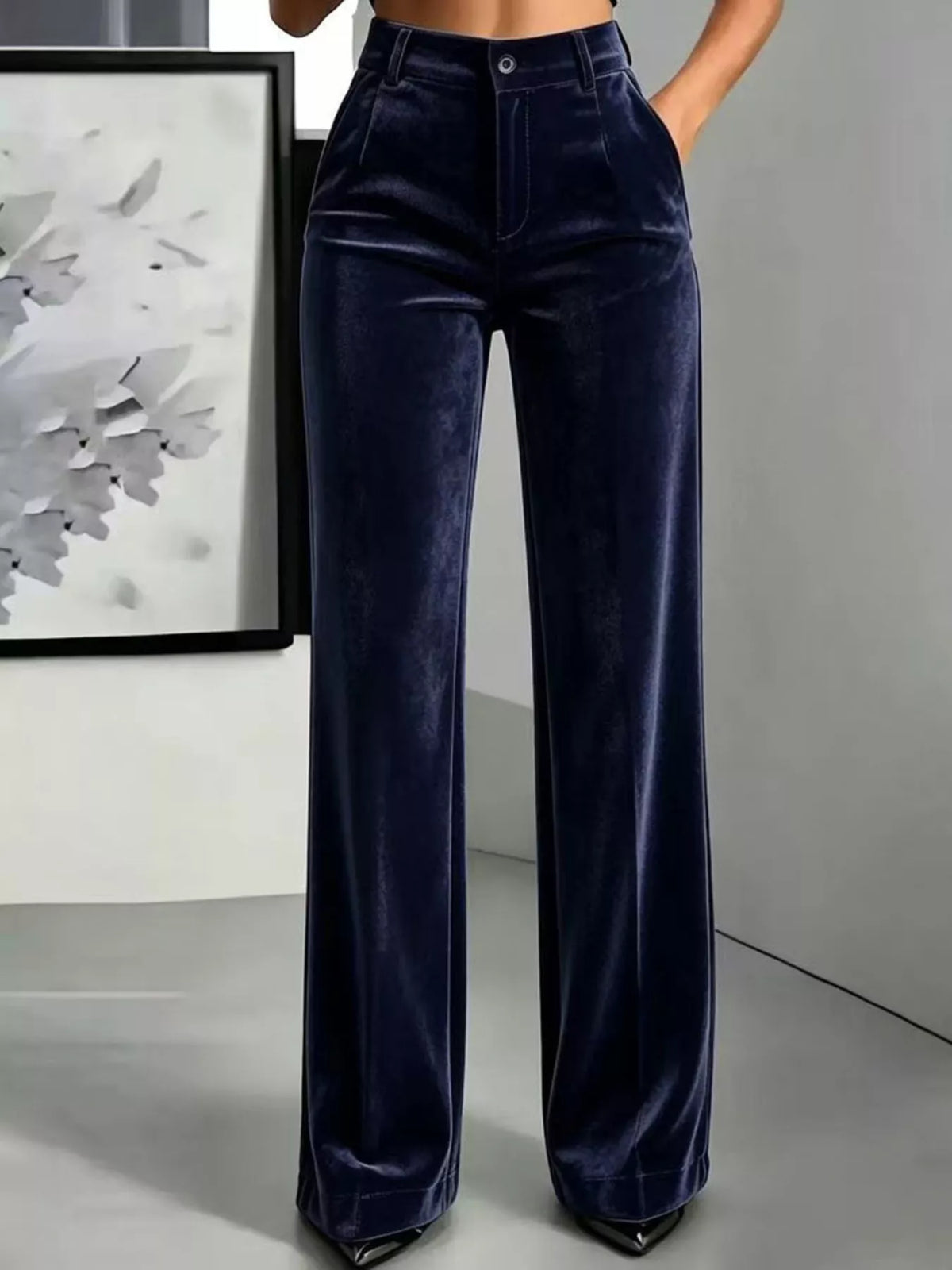Navy high-waisted velvet wide-leg trousers, full front view