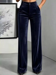 Navy high-waisted velvet wide-leg trousers, full front view