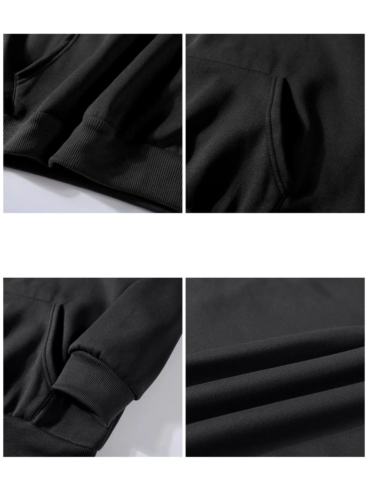 Close-up collage of black hoodie fabric, seams, cuff and hem details