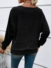 Women’s ribbed round-neck long-sleeve top in black back view
