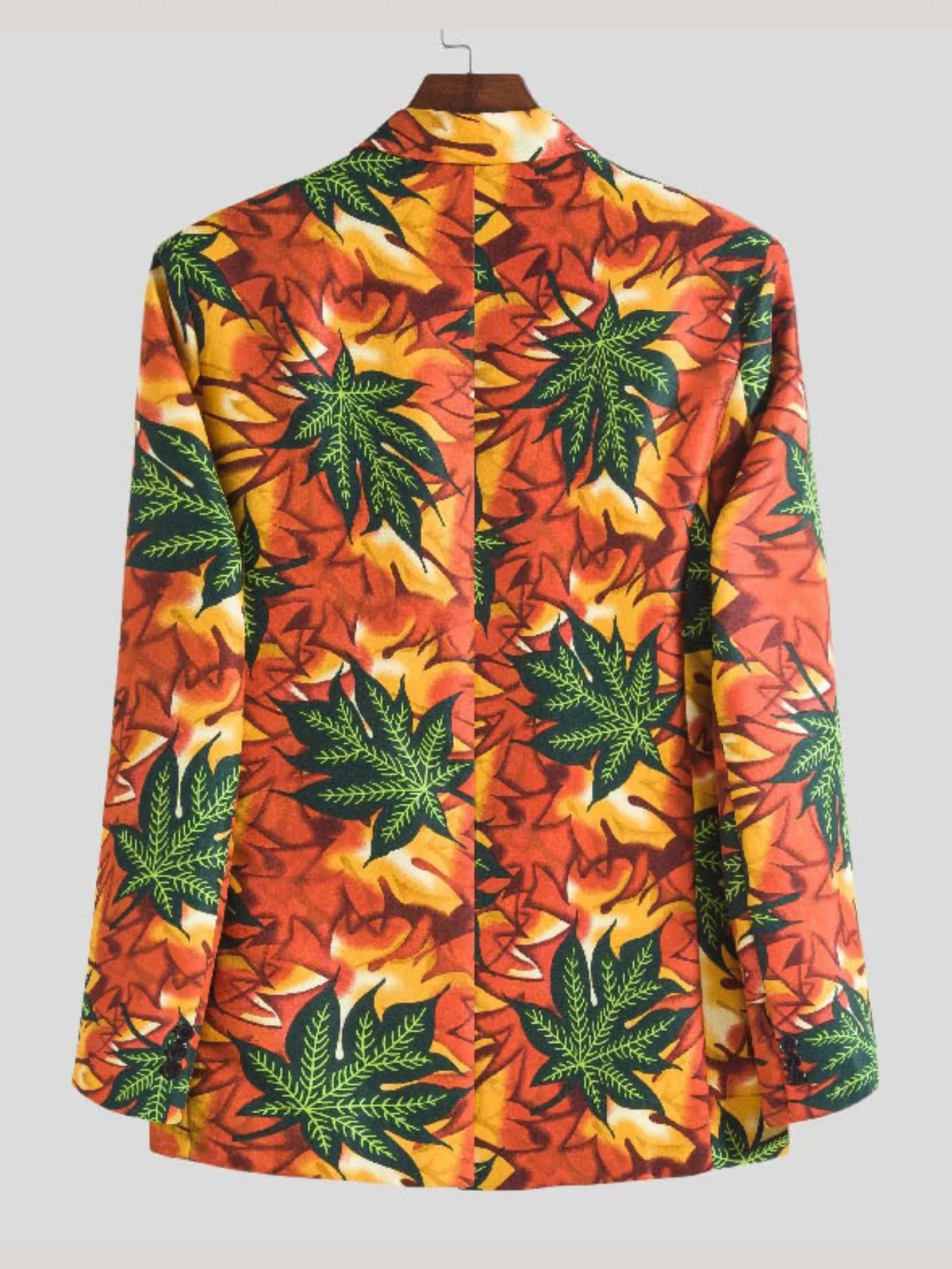 Back view of the men's leaf print blazer showing its patterned rear panel and sleeves