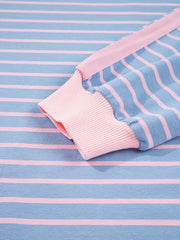 Close-up of striped sleeve and pink ribbed cuff