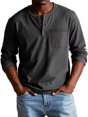 Charcoal long-sleeve top with short button placket and chest pocket