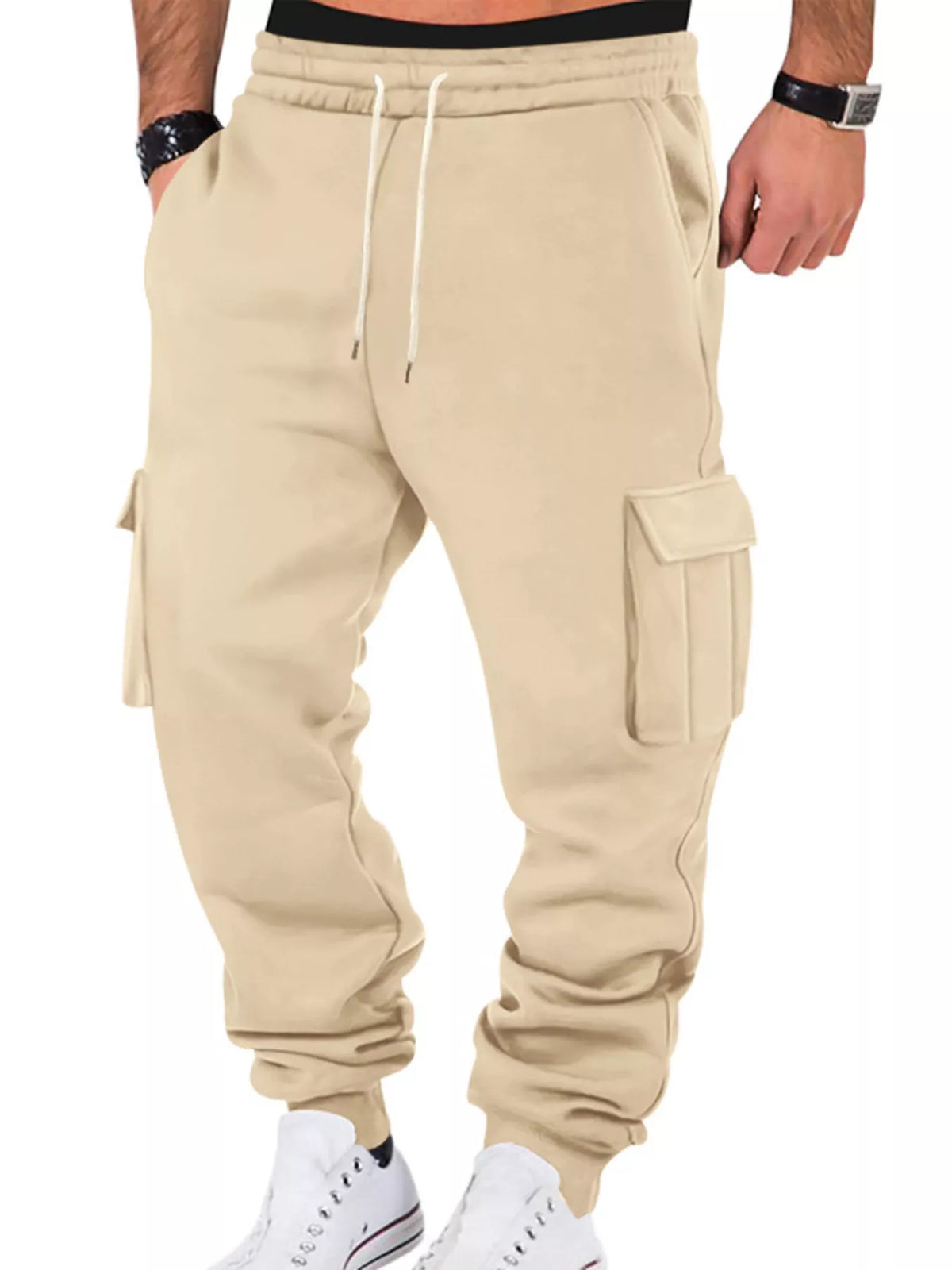 Model wearing beige cargo joggers, front view