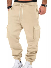 Model wearing beige cargo joggers, front view