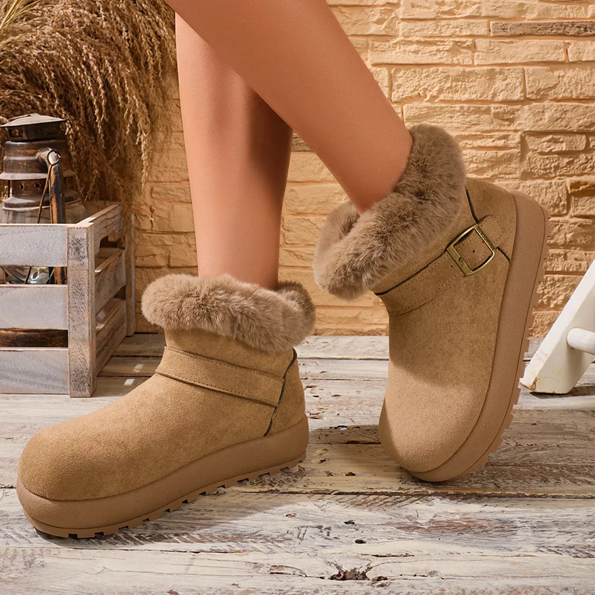 Brown suede-look winter boot with plush cuff