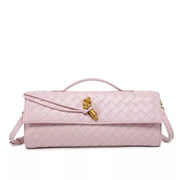 Pale pink woven flap crossbody bag with gold-tone clasp