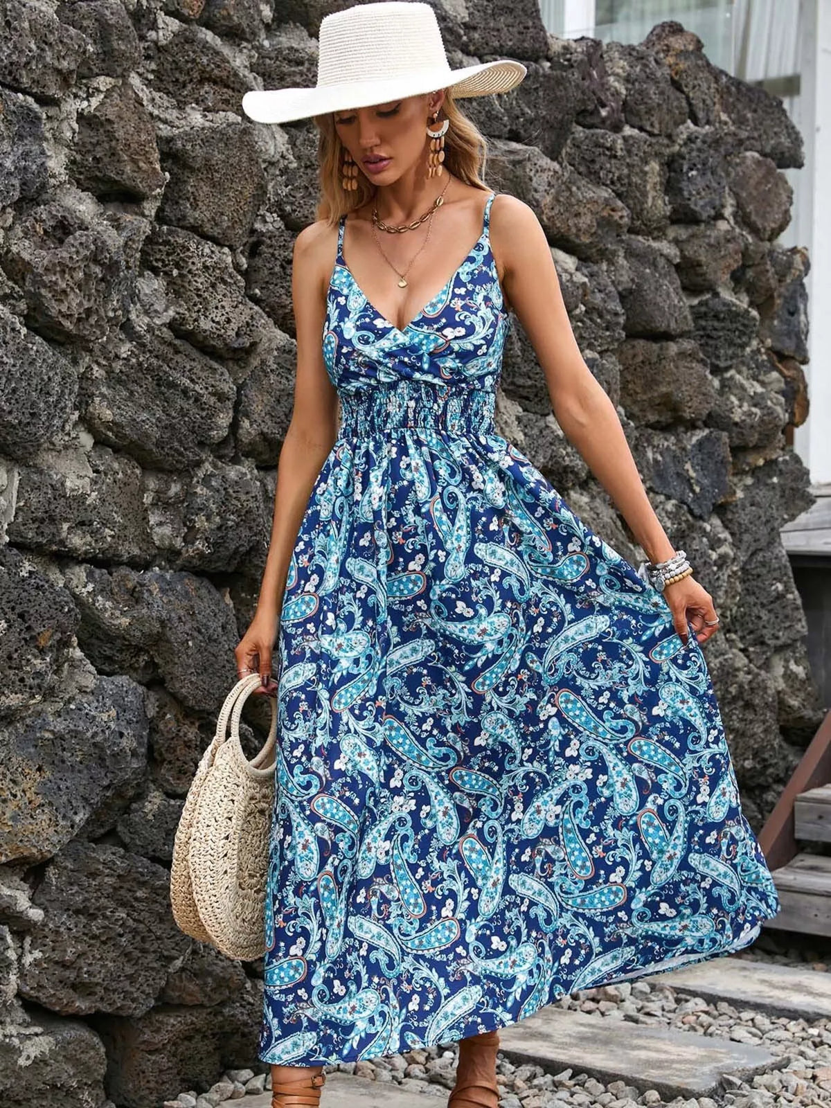 Blue paisley midi dress, full front view