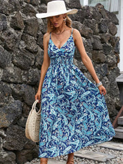 Blue paisley midi dress, full front view