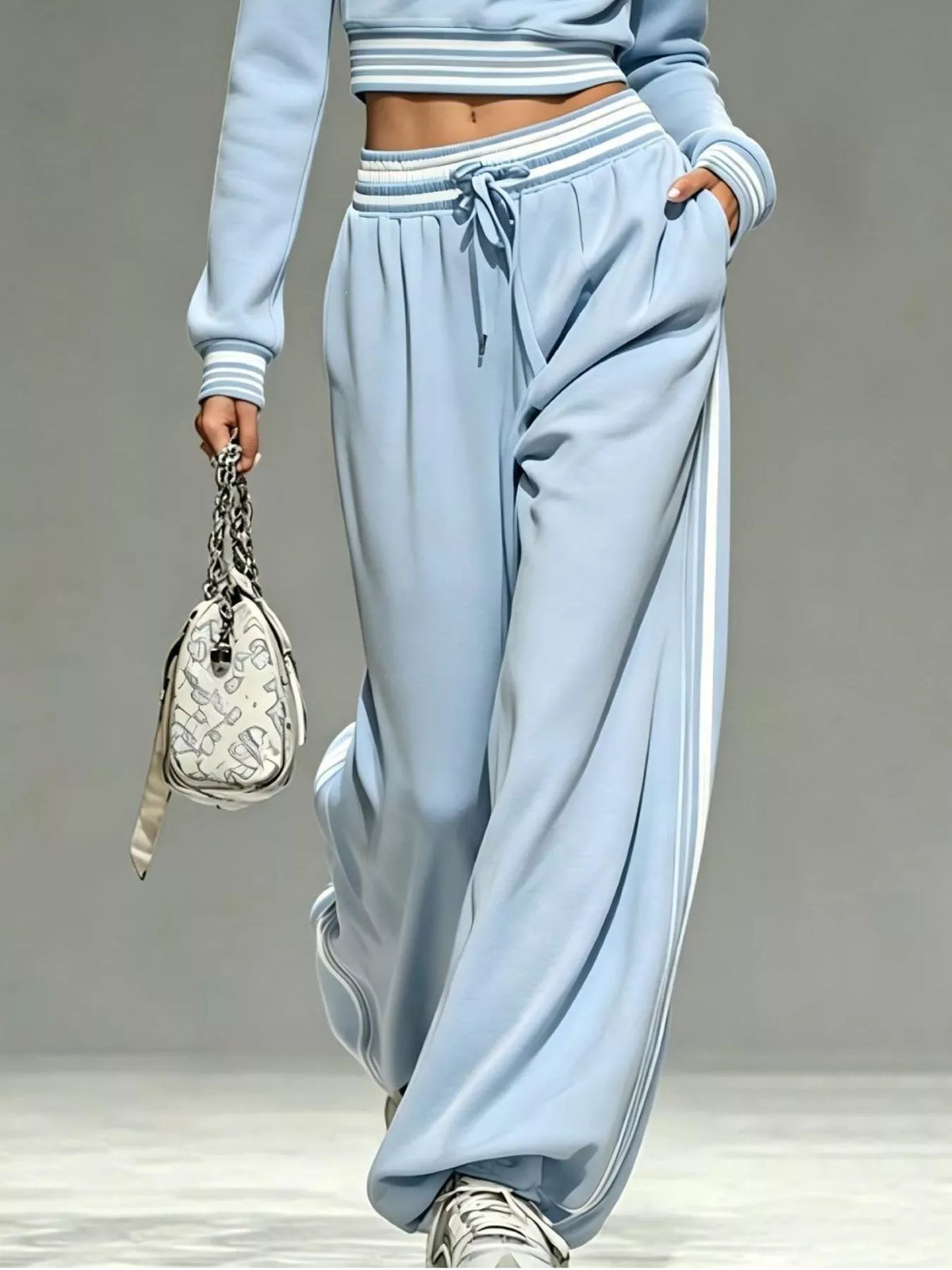 Light blue matching set detail showing drawstring waist and roomy pants pockets