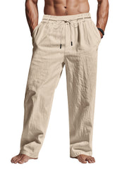 Model wearing beige loose-fit pants, front view