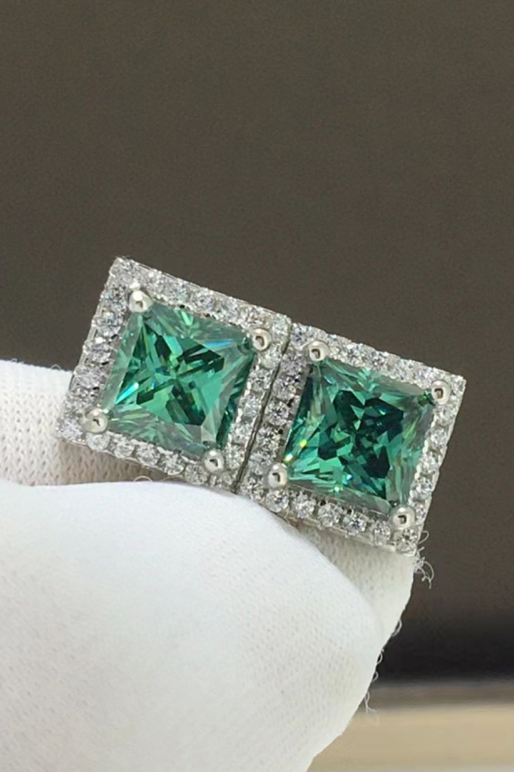 2 Carat Moissanite Square Stud Earrings — Pair of green square moissanite stud earrings with pavé borders