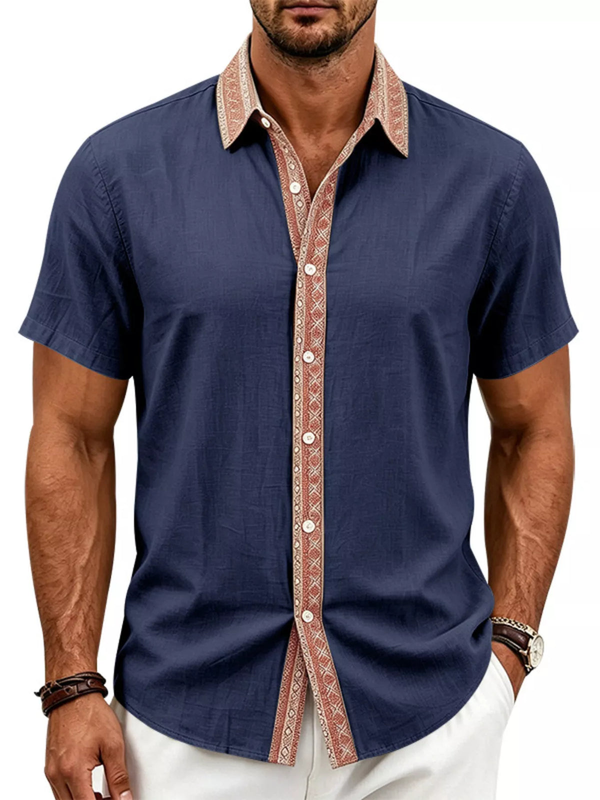 Model wearing navy shirt with patterned collar and placket