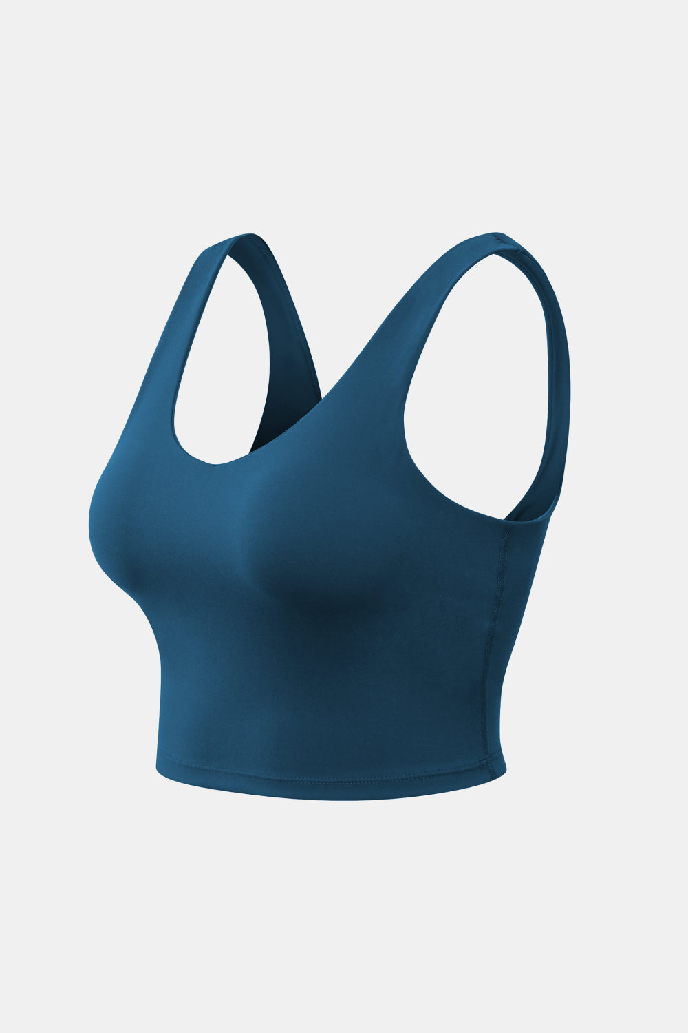 Teal cropped scoop-neck active tank shown at a three-quarter angle