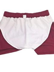 White and burgundy color-block athletic shorts, flat lay