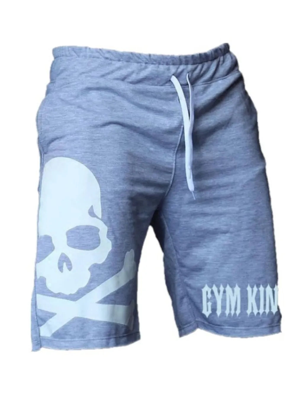 Light blue skull-print drawstring shorts, front view