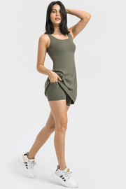 Full-length view of the olive square-neck tank dress with built-in shorts.