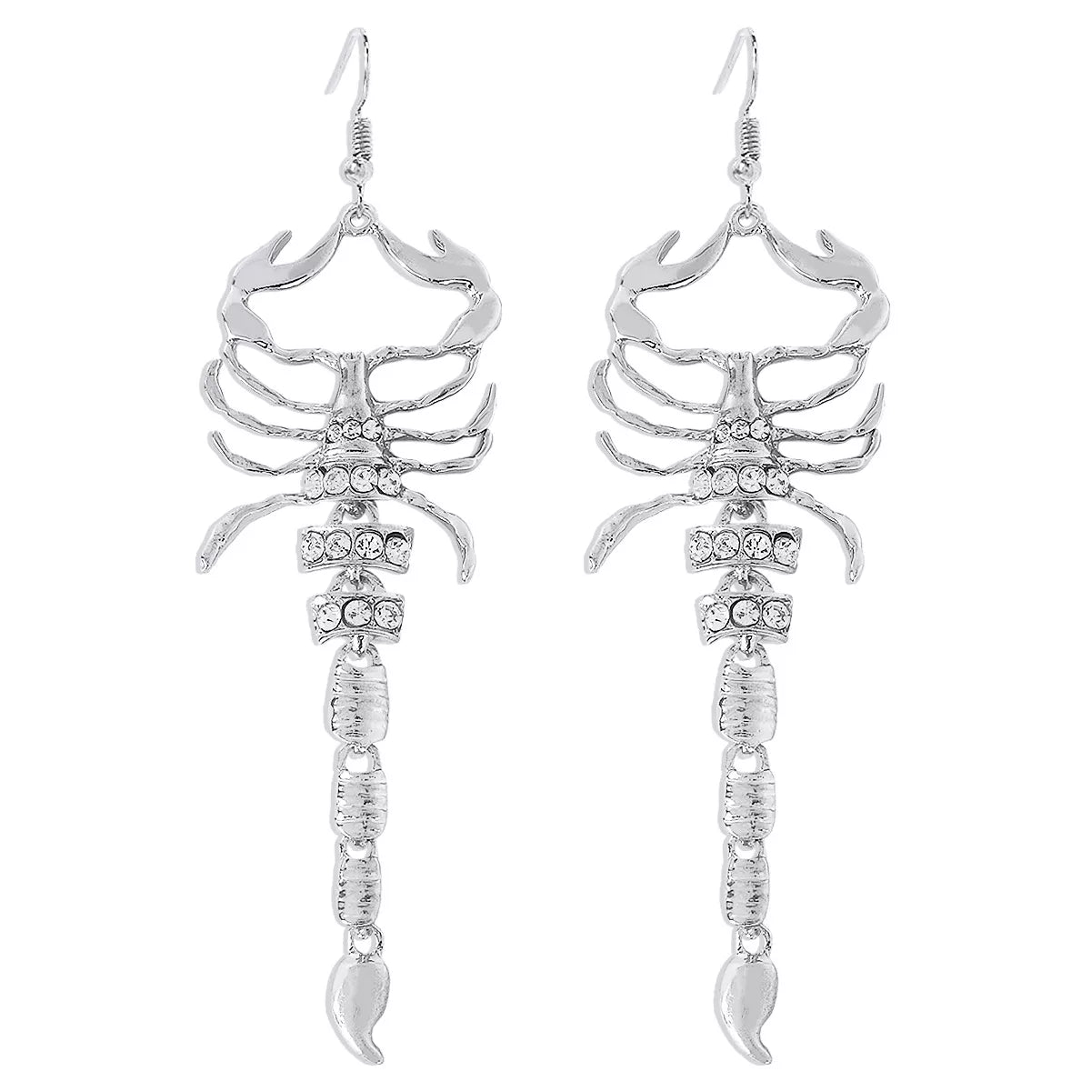Pair of silver-tone scorpion dangle earrings, close front view