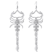 Pair of silver-tone scorpion dangle earrings, close front view