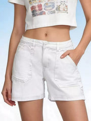 White denim shorts with large front patch pockets and stitched hems, front view