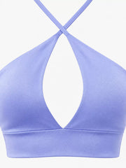 Close-up of lavender halter crop cami front cutout and neckline