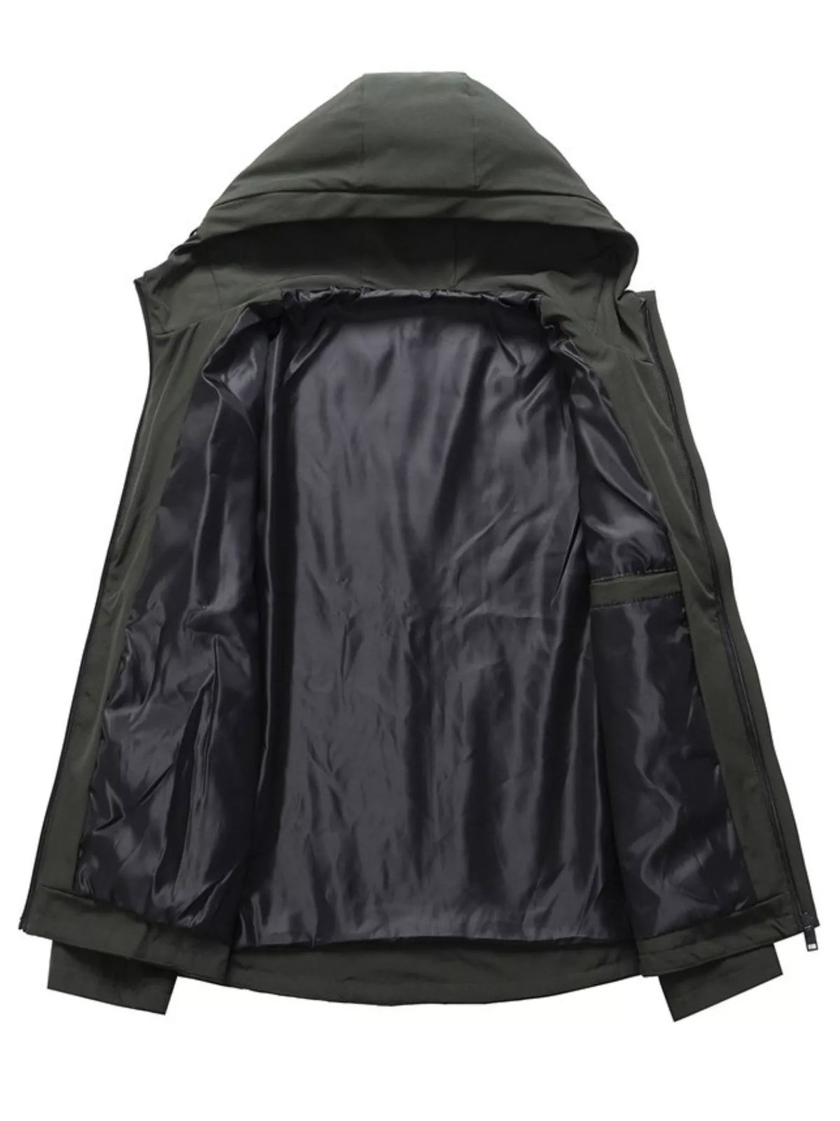 Inside view of the hooded jacket showing its dark lining and inner construction