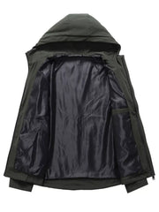 Inside view of the hooded jacket showing its dark lining and inner construction
