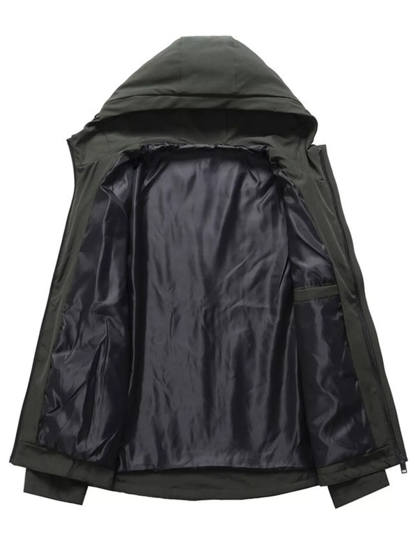 Inside view of the hooded jacket showing its dark lining and inner construction