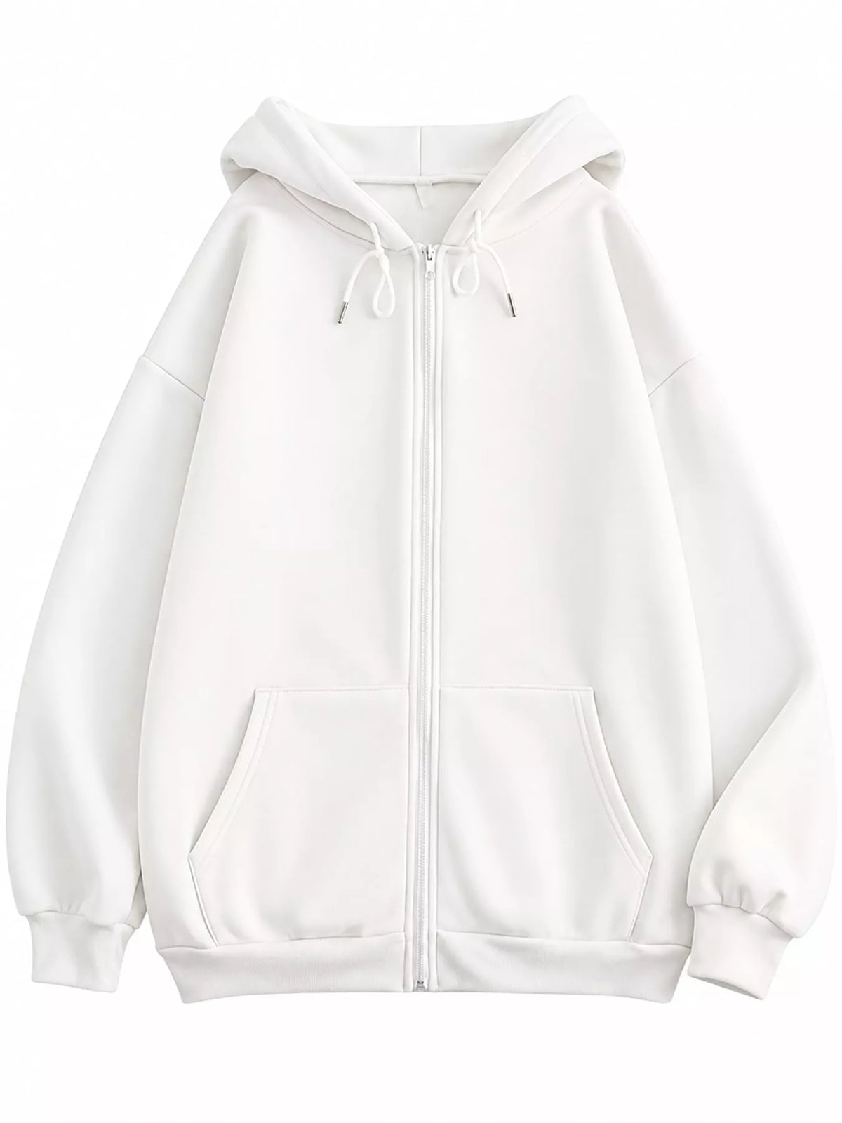 Full front view of the white oversized hoodie showing its zip closure and roomy sleeves
