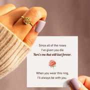 Rose ring shown beside a romantic message card