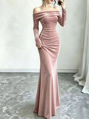 Blush pink velvet off-shoulder long-sleeve maxi dress, front view