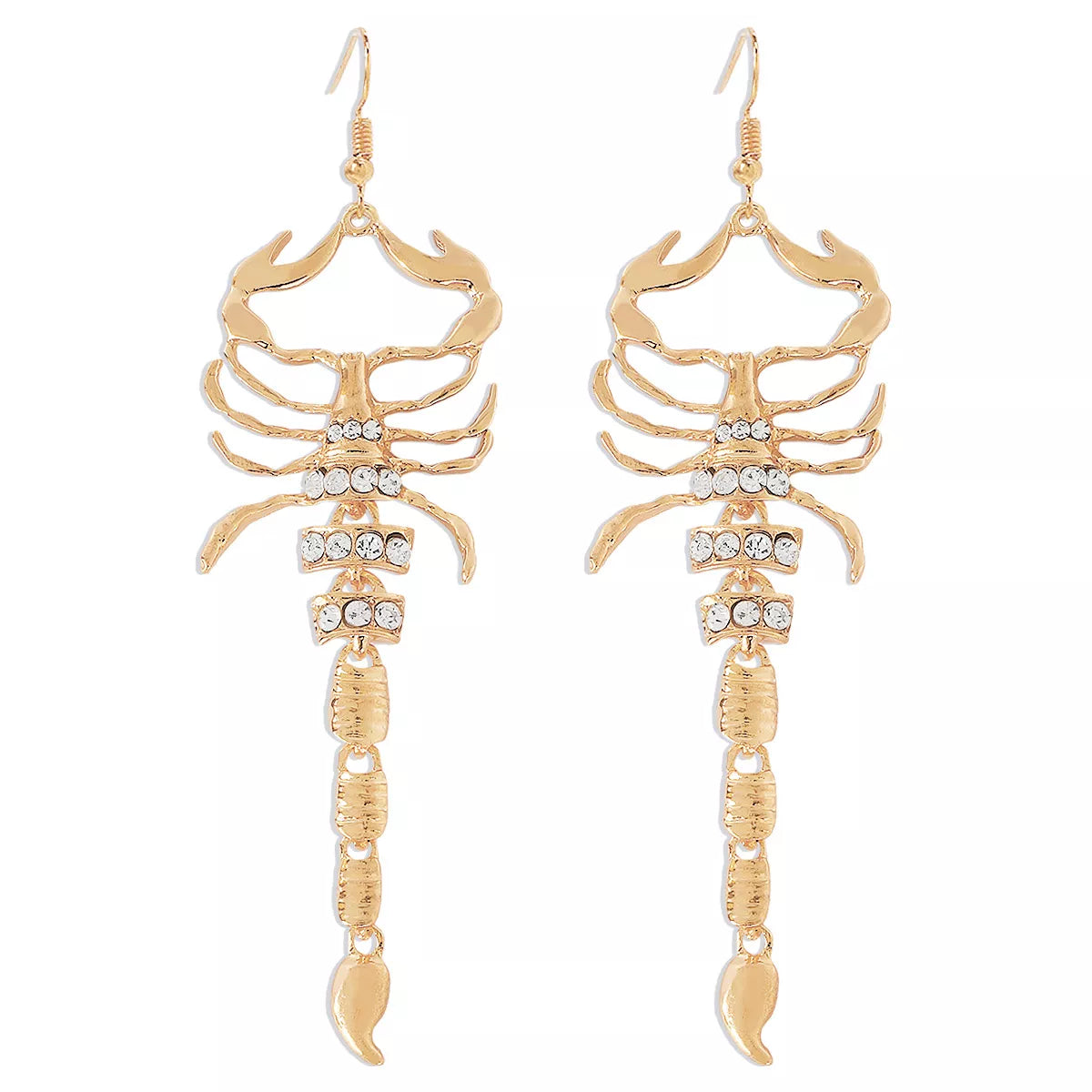 Pair of gold-tone scorpion earrings, front view